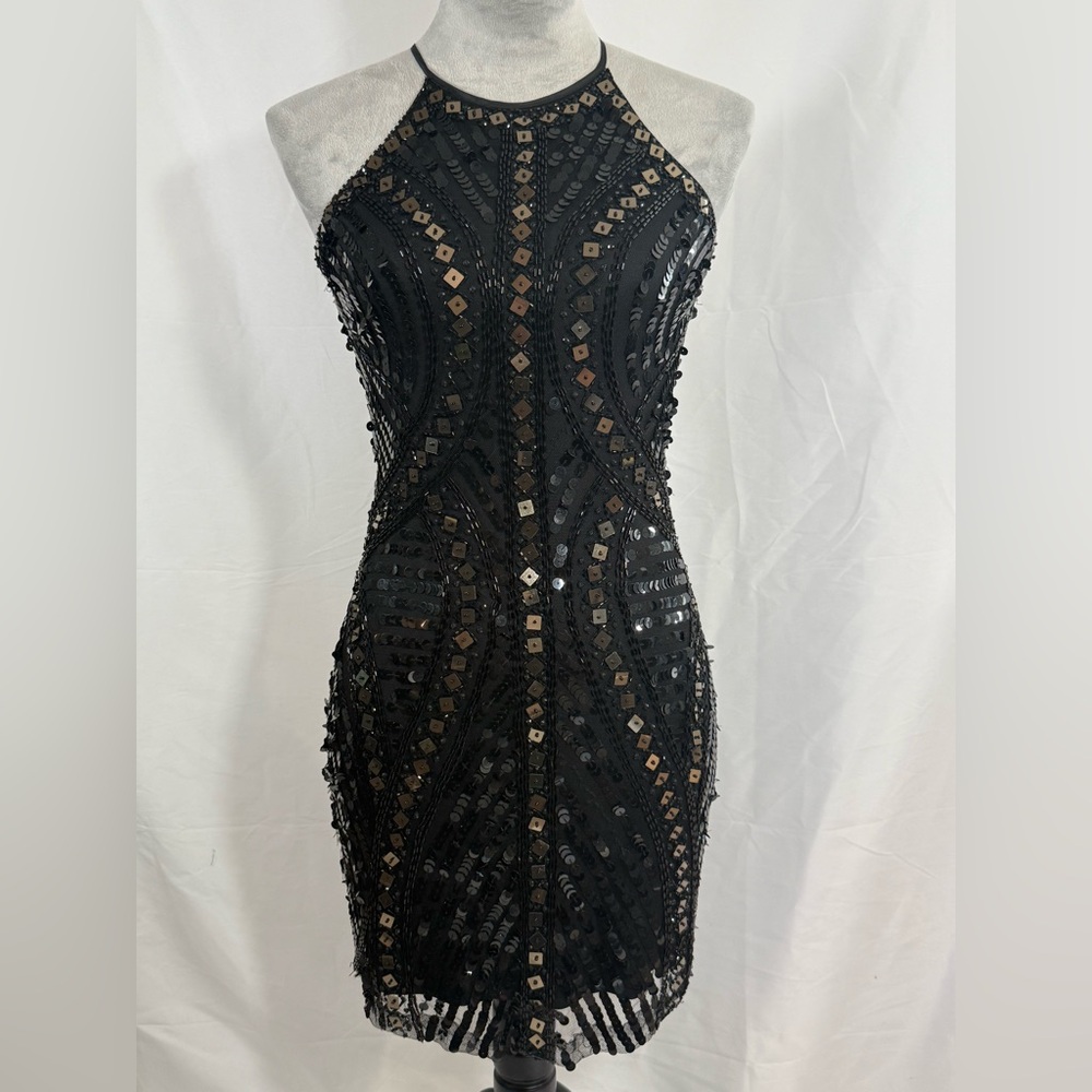 Parker black and gold sequins halter neck mini dress XS cutout back Y2k vintage